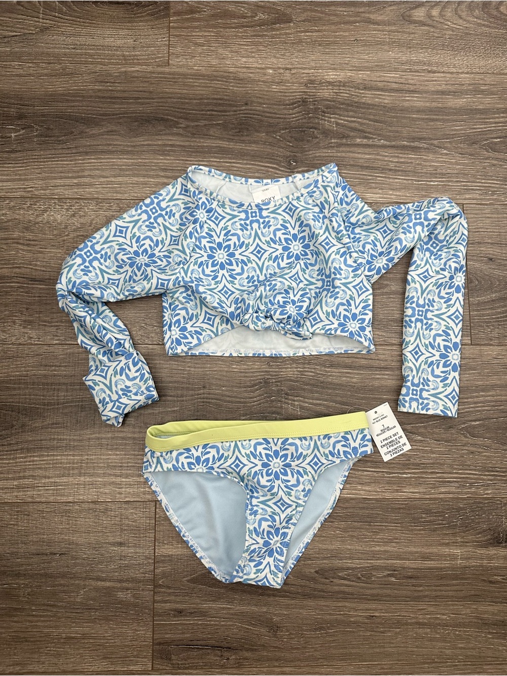 New Roxy Girls 7 Blue Floral Long-Sleeve Rashguard Two-Piece Swimsuit